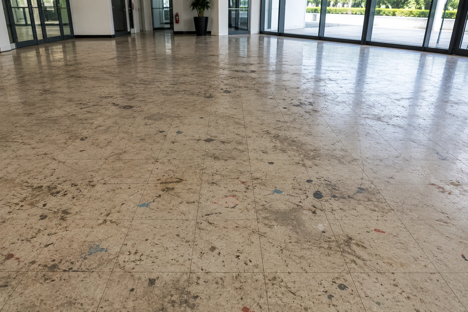 Verschmutzte Bodenfläche vor der Grundreinigung
