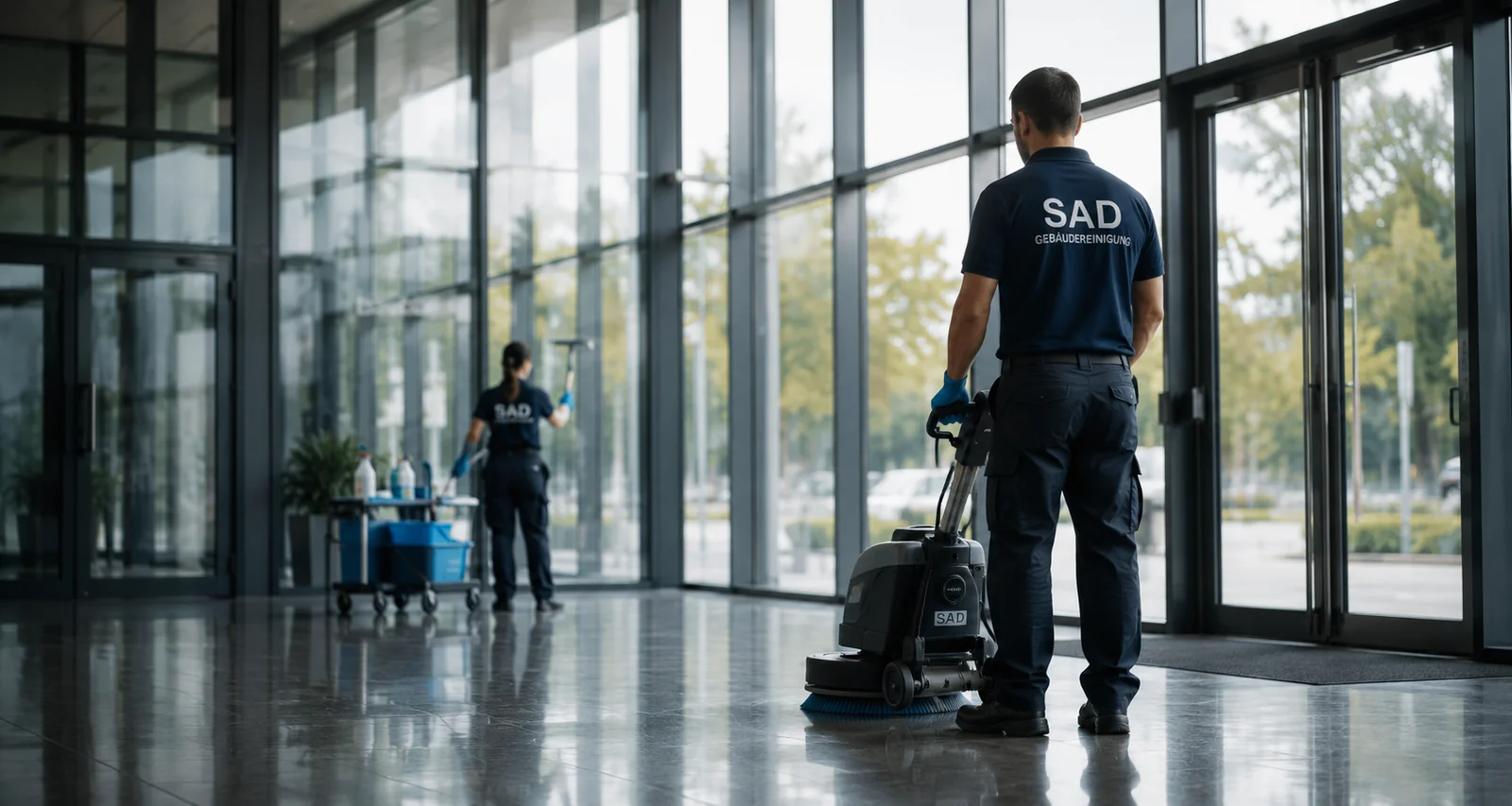 Mitarbeiter der SAD Gebäudereinigung bei der professionellen Reinigung eines modernen Gebäudes