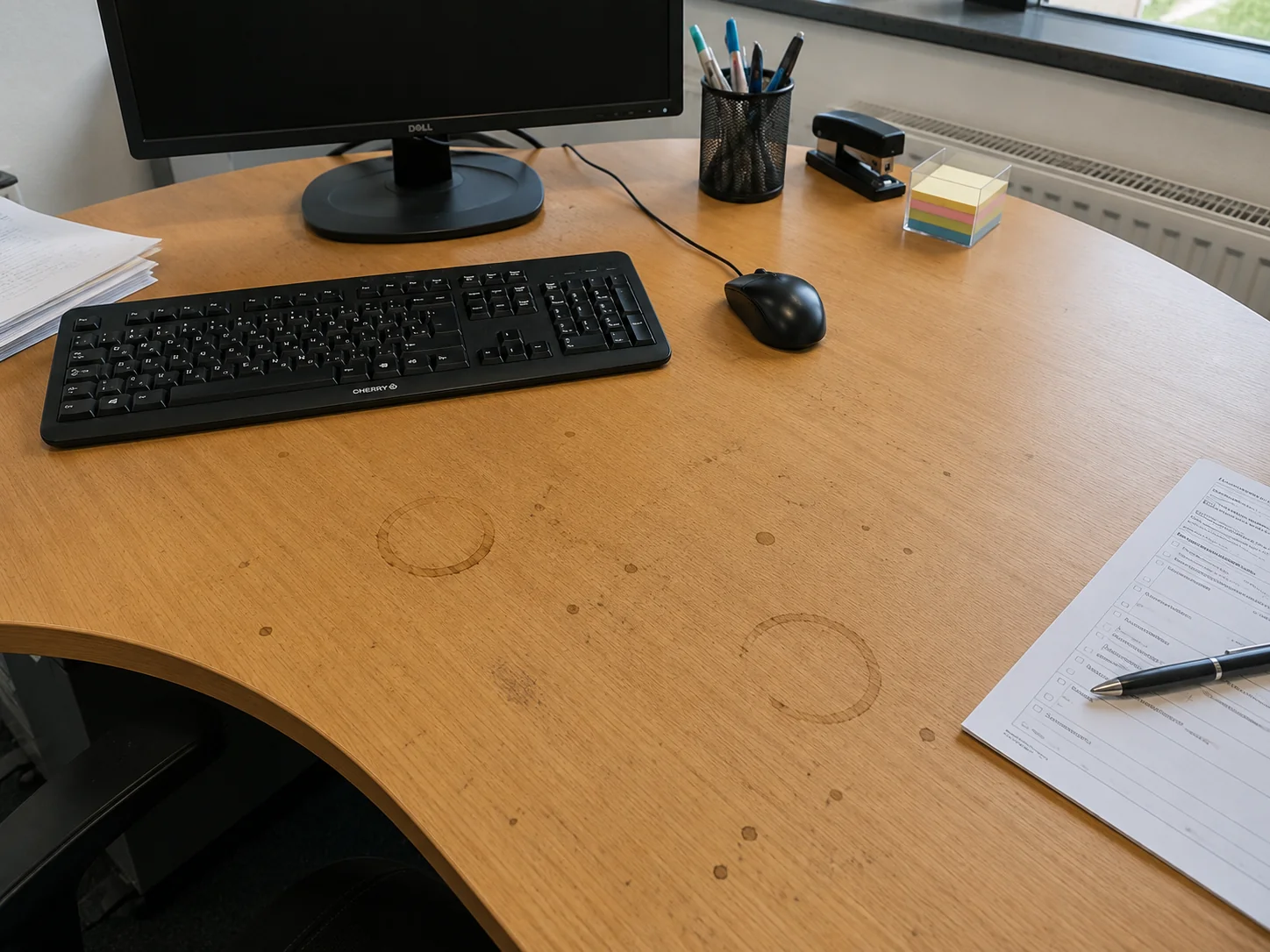 Verschmutzter Bürotisch vor der Reinigung
